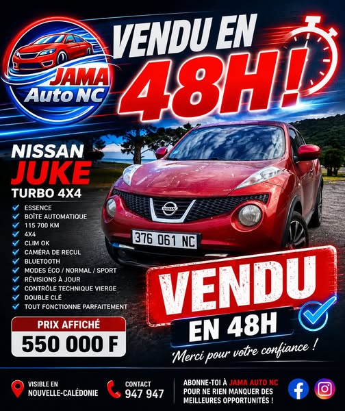 VENDU EN 48H – NISSAN JUKE TURBO 4X4 - véhicule d'occasion à Nouméa